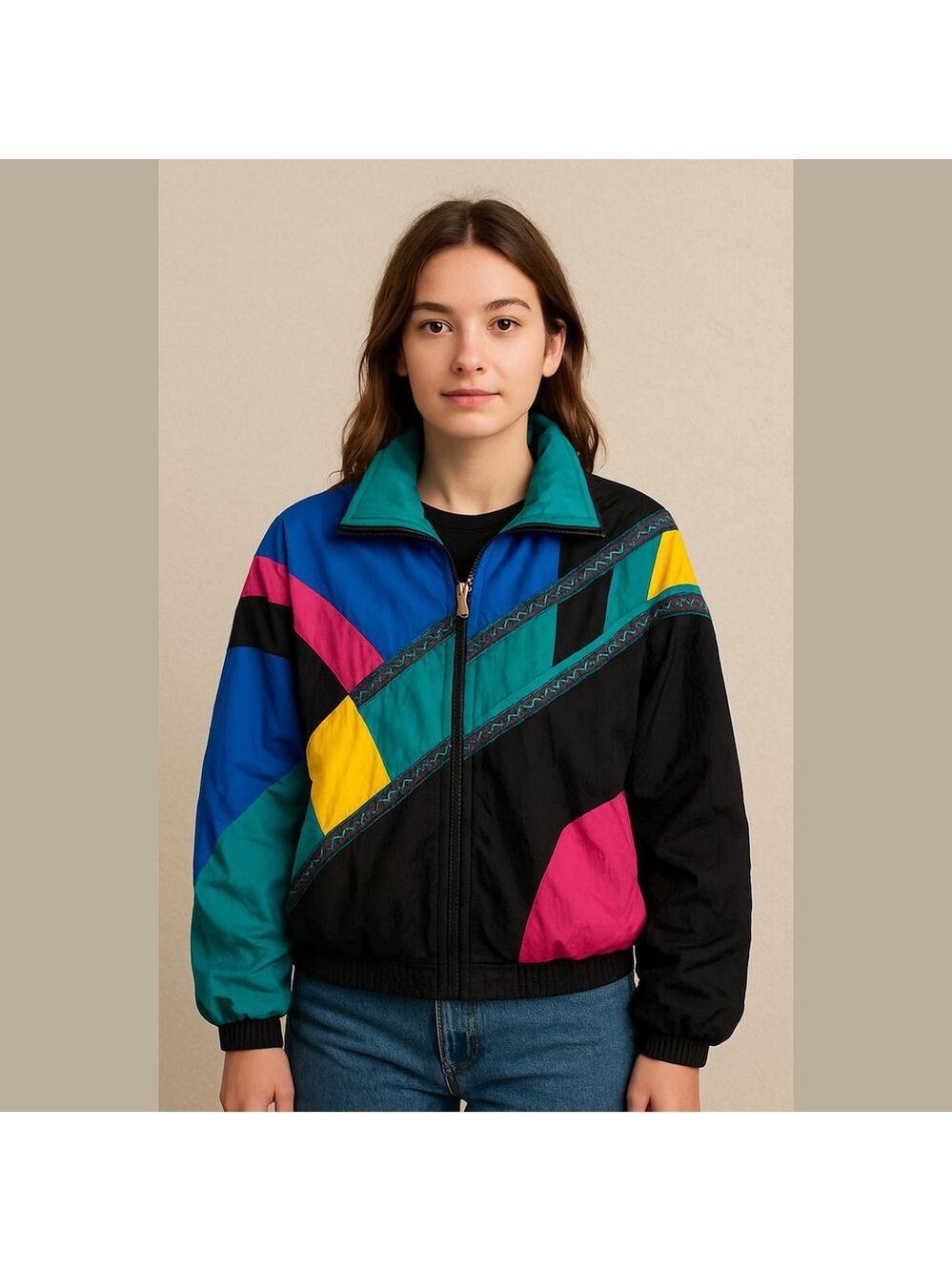 80s 90s windbreaker rain jacket bright color block pink teal turquoise unisex